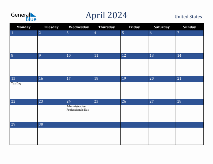 April 2024 United States Calendar (Monday Start)