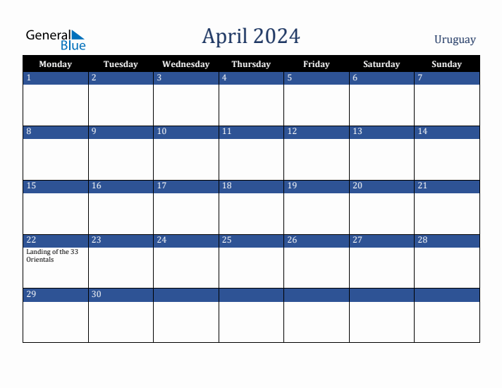 April 2024 Uruguay Calendar (Monday Start)