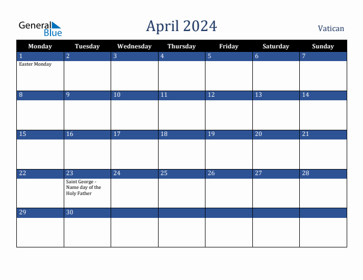 April 2024 Vatican Monthly Calendar with Holidays