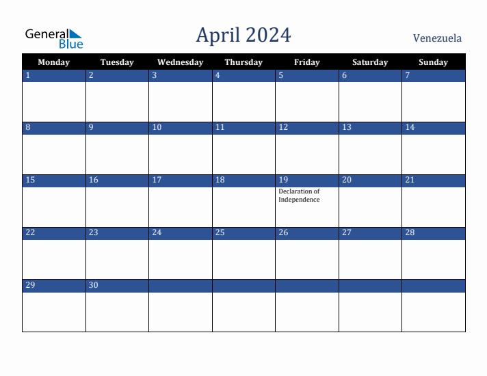 April 2024 Venezuela Calendar (Monday Start)