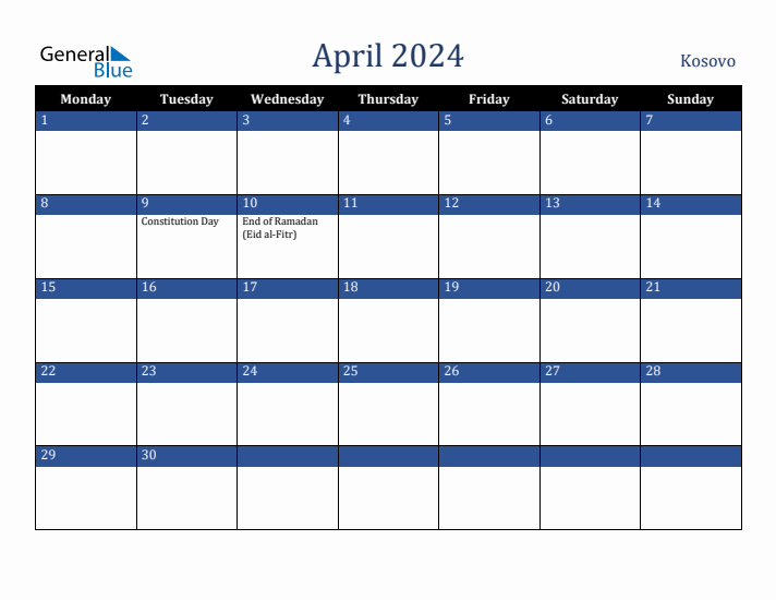 April 2024 Kosovo Calendar (Monday Start)