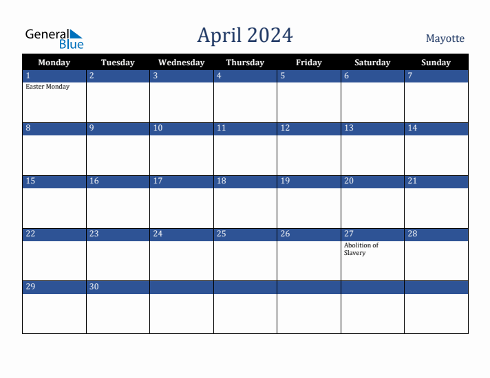 April 2024 Mayotte Calendar (Monday Start)