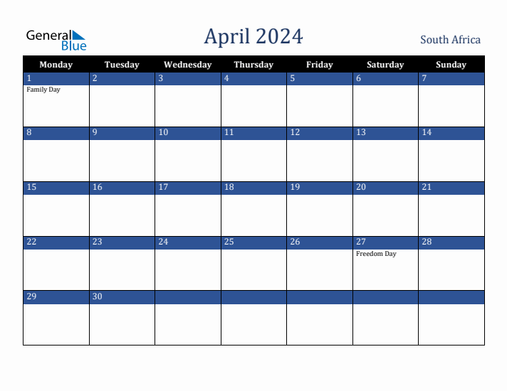 April 2024 South Africa Calendar (Monday Start)