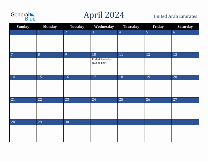 April 2024 United Arab Emirates Calendar (Sunday Start)