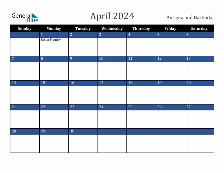 April 2024 Antigua and Barbuda Calendar (Sunday Start)
