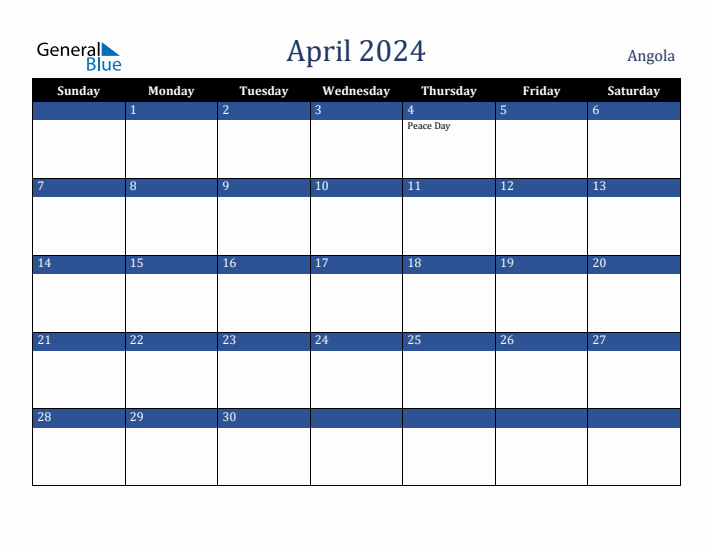April 2024 Angola Calendar (Sunday Start)