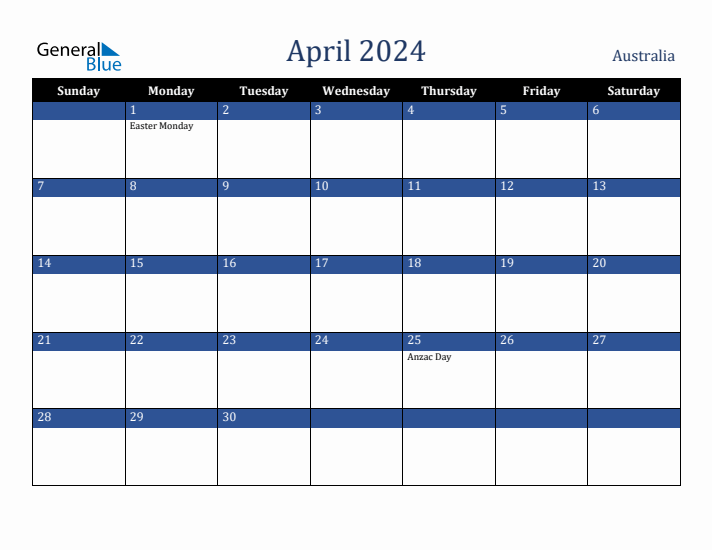 April 2024 Australia Calendar (Sunday Start)