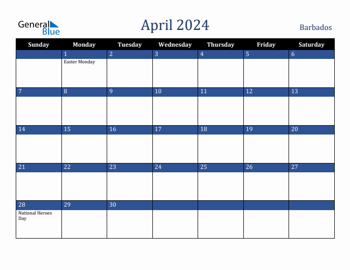 April 2024 Barbados Calendar (Sunday Start)