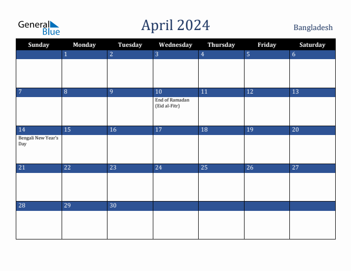 April 2024 Bangladesh Calendar (Sunday Start)