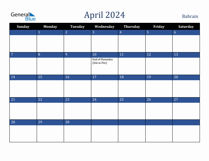 April 2024 Bahrain Calendar (Sunday Start)