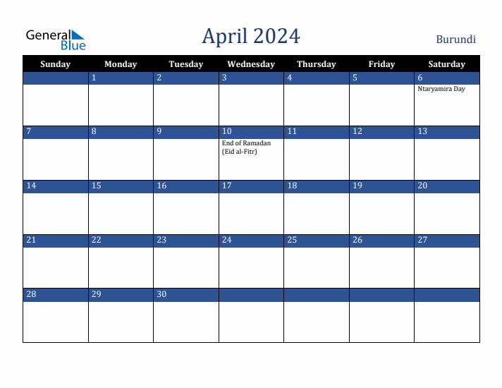 April 2024 Burundi Calendar (Sunday Start)