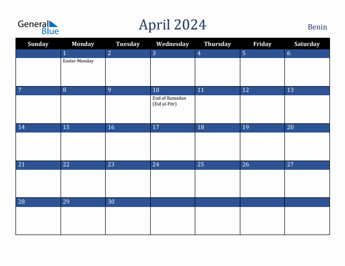 April 2024 Benin Calendar (Sunday Start)