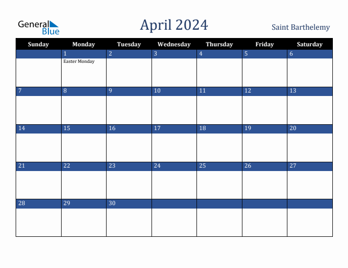 April 2024 Saint Barthelemy Calendar (Sunday Start)