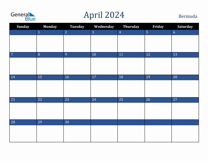 April 2024 Bermuda Calendar (Sunday Start)