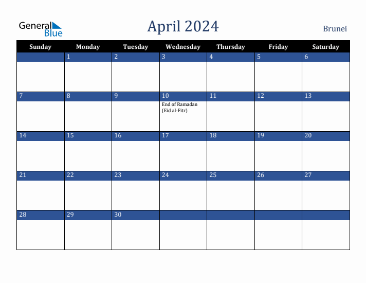 April 2024 Brunei Calendar (Sunday Start)