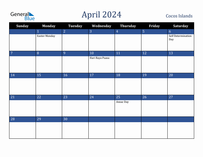 April 2024 Cocos Islands Calendar (Sunday Start)