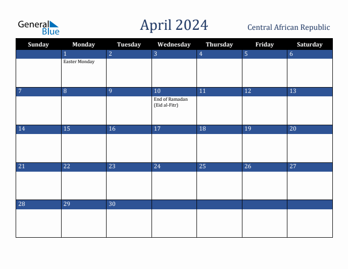 April 2024 Central African Republic Calendar (Sunday Start)