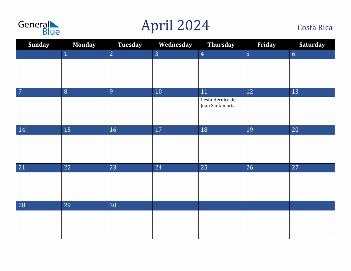April 2024 Costa Rica Holiday Calendar