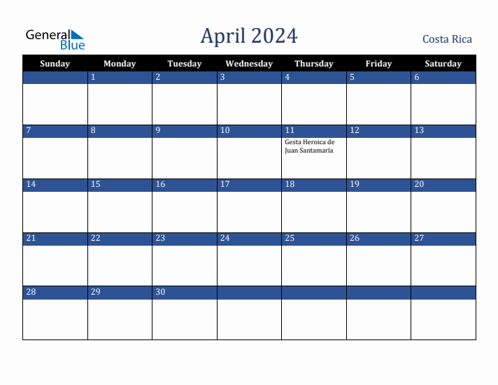 April 2024 Costa Rica Calendar (Sunday Start)