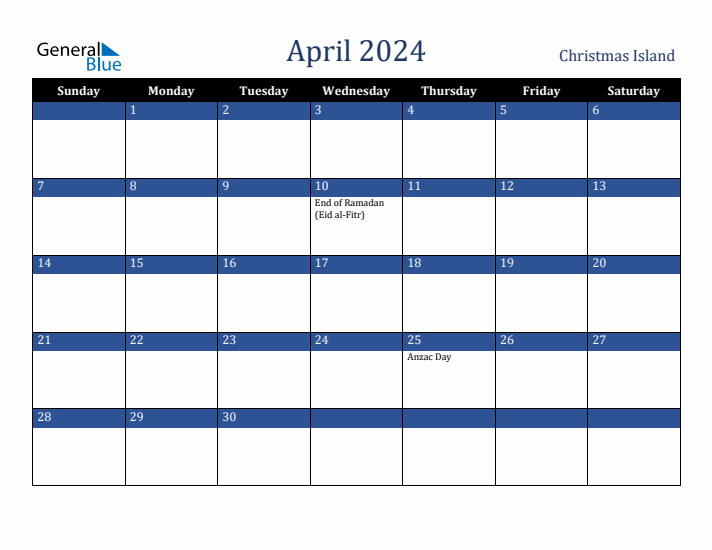 April 2024 Christmas Island Calendar (Sunday Start)