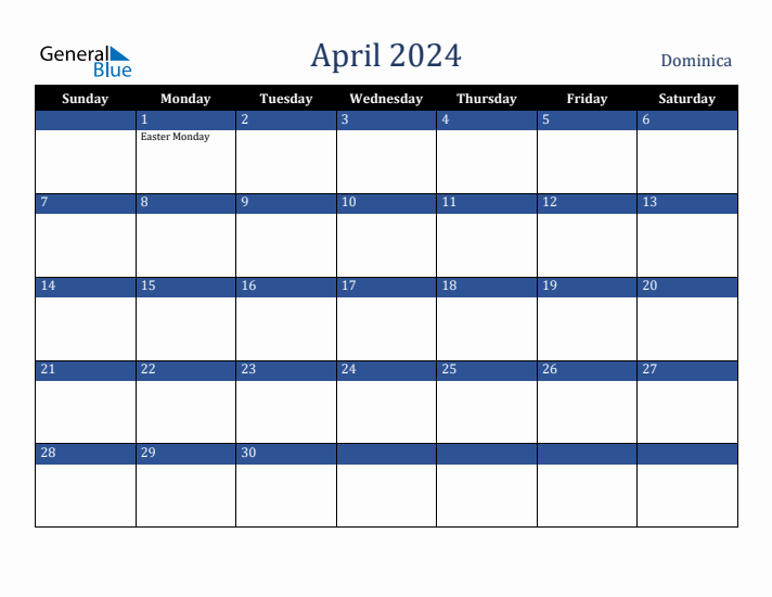 April 2024 Dominica Calendar (Sunday Start)