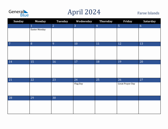April 2024 Faroe Islands Calendar (Sunday Start)