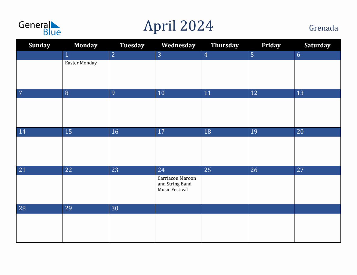 April 2024 Grenada Holiday Calendar