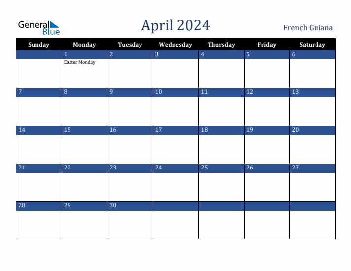 April 2024 French Guiana Calendar (Sunday Start)