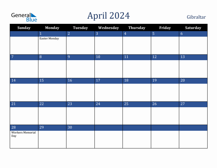 April 2024 Gibraltar Calendar (Sunday Start)