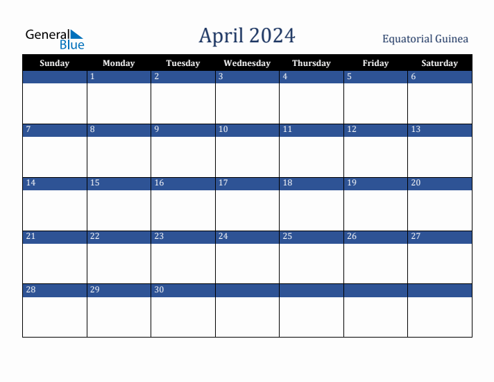 April 2024 Equatorial Guinea Calendar (Sunday Start)