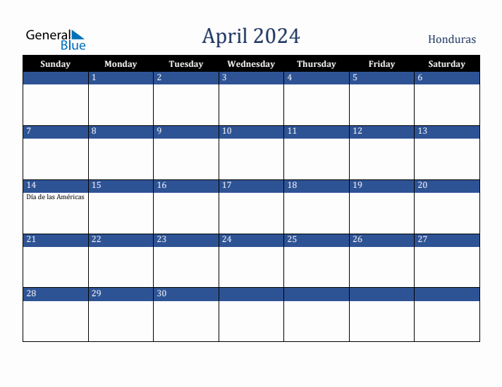April 2024 Honduras Calendar (Sunday Start)