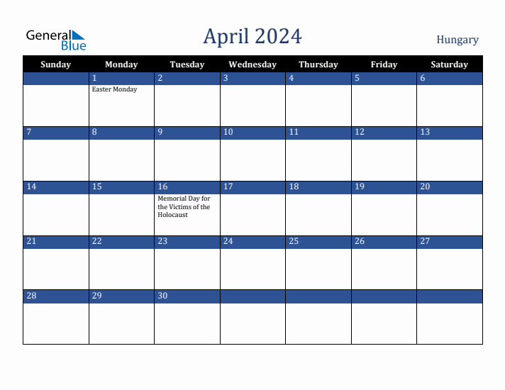 April 2024 Hungary Calendar (Sunday Start)