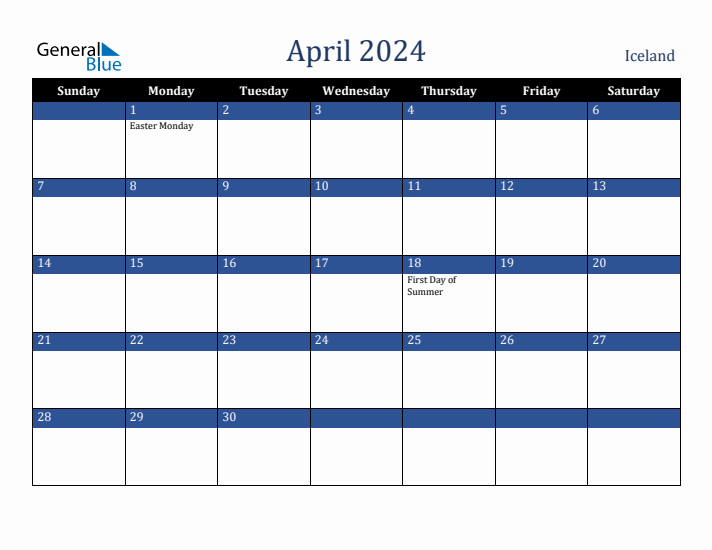 April 2024 Iceland Calendar (Sunday Start)