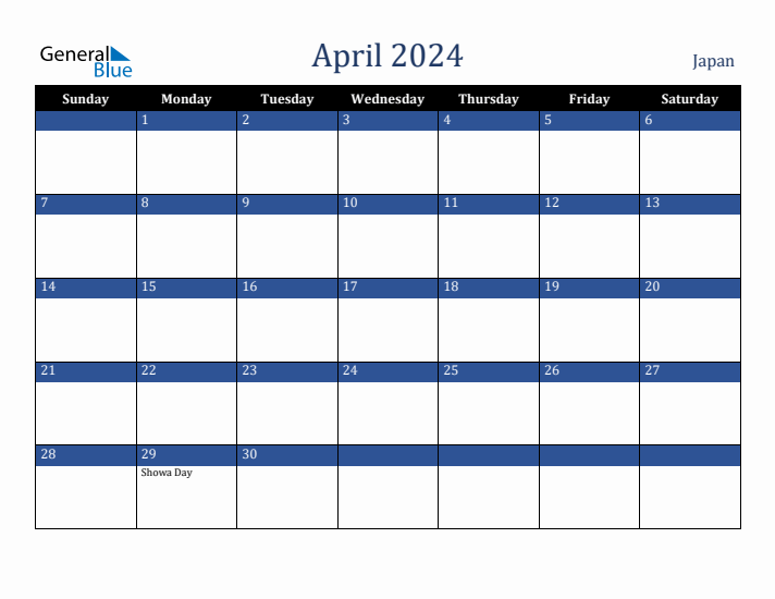 April 2024 Japan Calendar (Sunday Start)