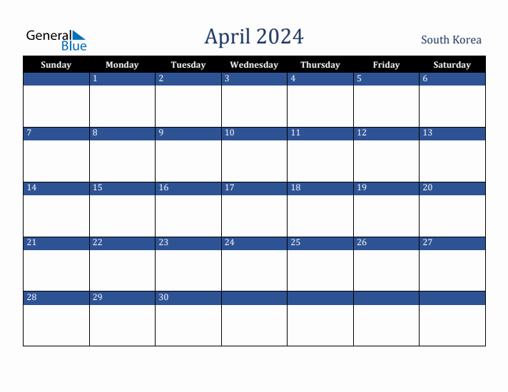 April 2024 South Korea Calendar (Sunday Start)