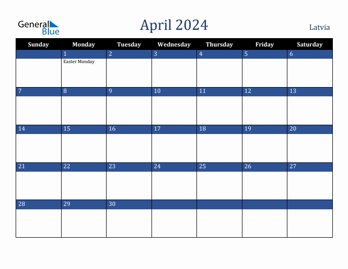 April 2024 Latvia Calendar (Sunday Start)