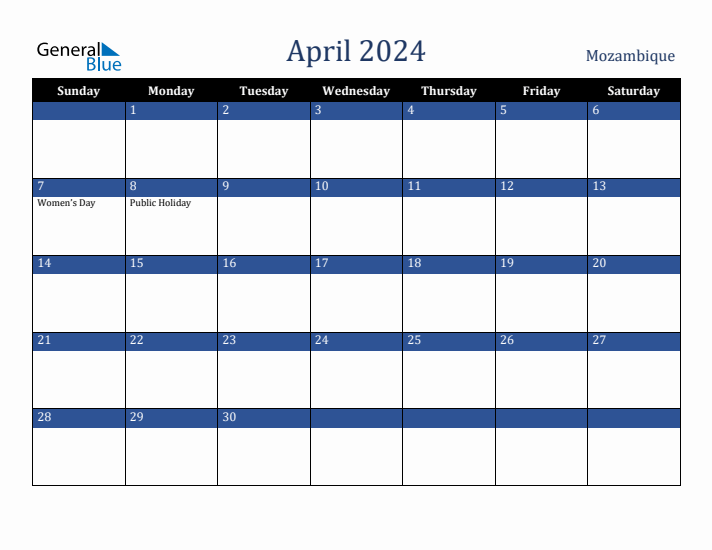 April 2024 Mozambique Calendar (Sunday Start)