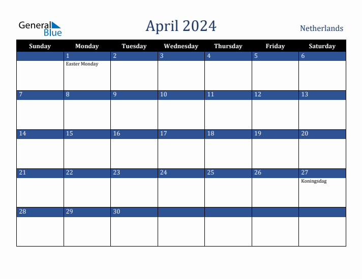 April 2024 Calendar with Netherlands Holidays