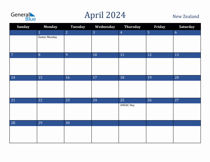 April 2024 Monthly Calendar with New Zealand Holidays