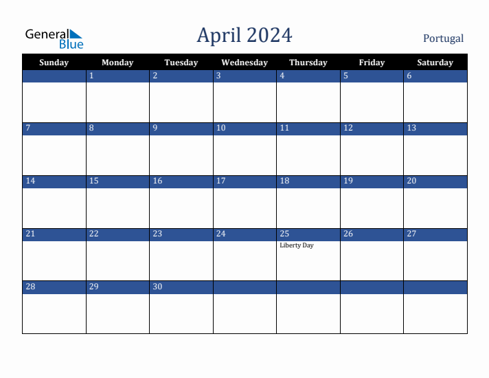 April 2024 Portugal Calendar (Sunday Start)