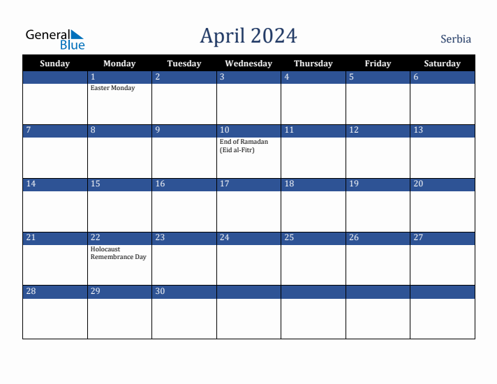 April 2024 Serbia Calendar (Sunday Start)