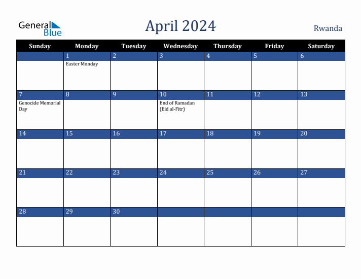 April 2024 Rwanda Calendar (Sunday Start)