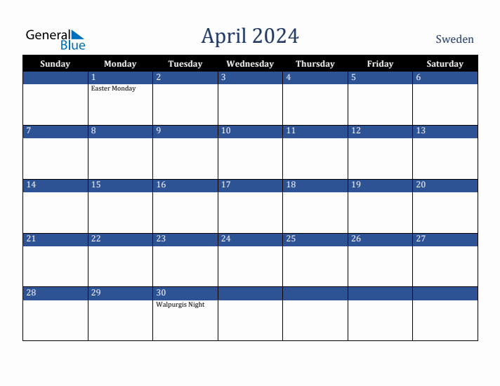 April 2024 Sweden Calendar (Sunday Start)