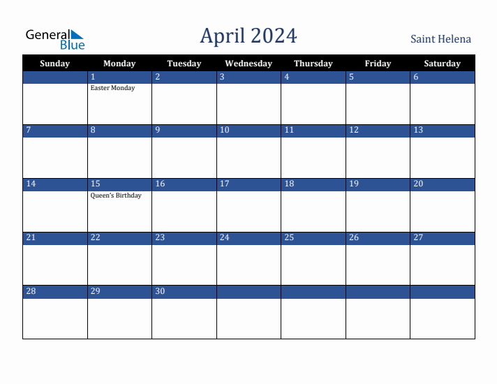 April 2024 Saint Helena Calendar (Sunday Start)