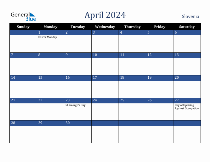 April 2024 Slovenia Calendar (Sunday Start)