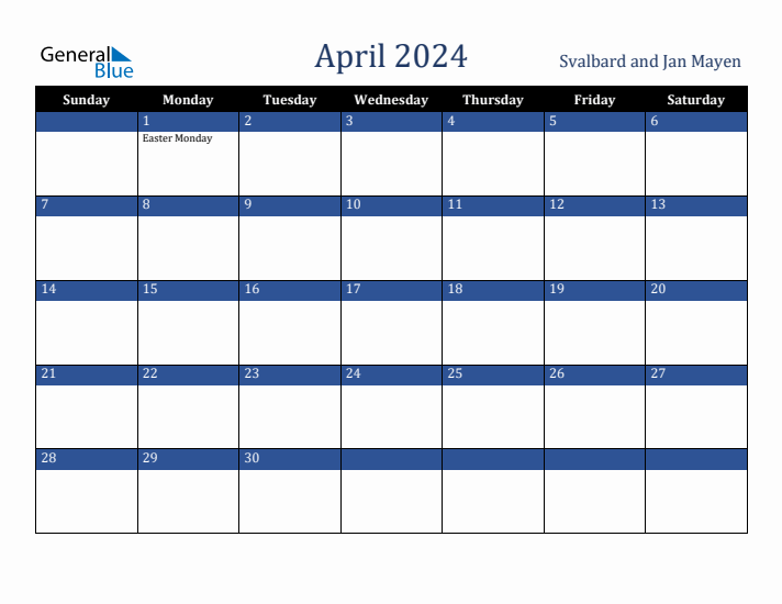 April 2024 Svalbard and Jan Mayen Calendar (Sunday Start)
