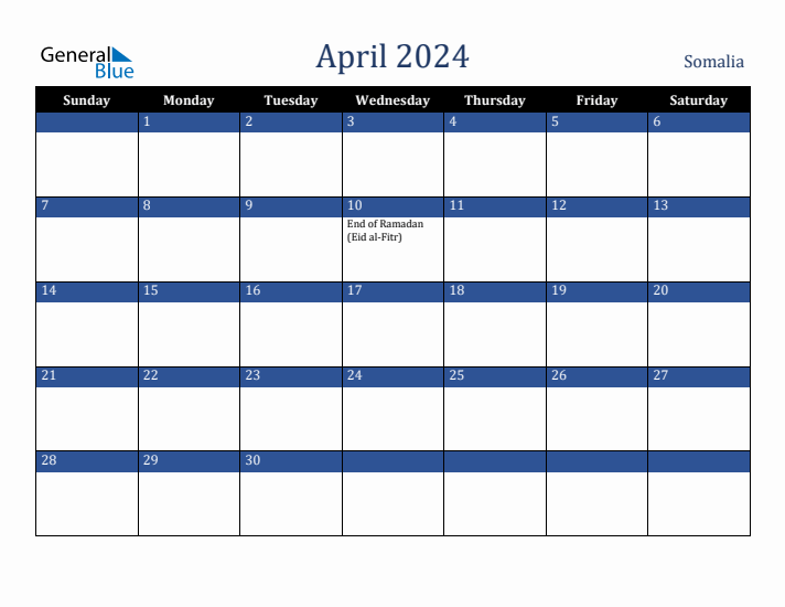 April 2024 Somalia Calendar (Sunday Start)