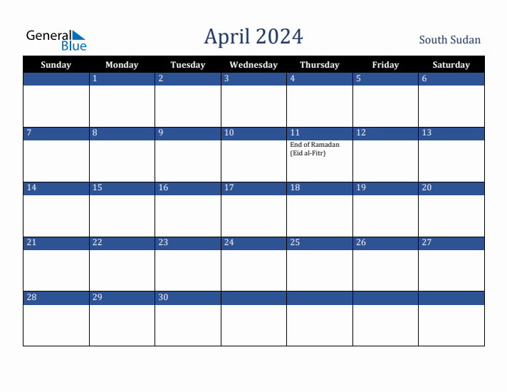 April 2024 South Sudan Calendar (Sunday Start)