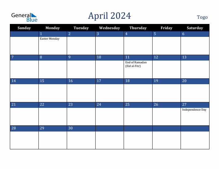 April 2024 Togo Calendar (Sunday Start)