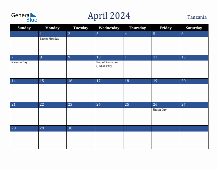 April 2024 Tanzania Calendar (Sunday Start)